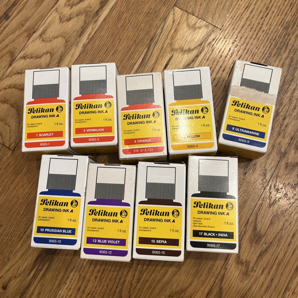 Vintage Pelikan Drawing Ink 1 fl. oz. 30 ml Lot MPN 518- Scarlet Ultramarine Etc